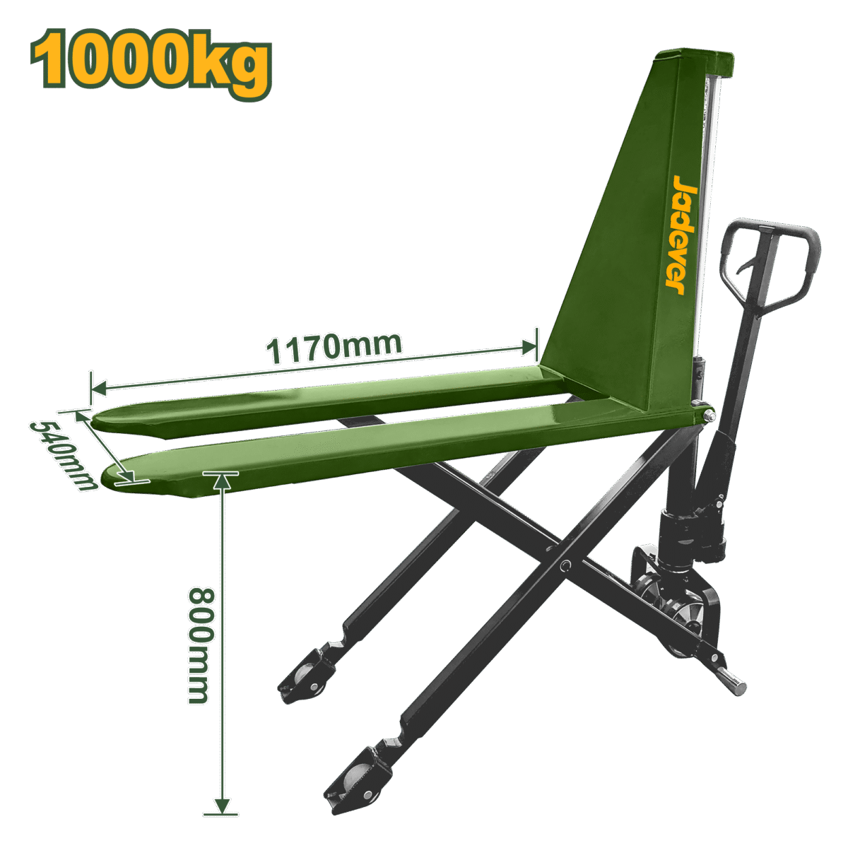 جك طبالي مقص 1000كغ – ارتفاع شوك 85–800مم، عجلات PU، تصميم ثقيل من جادايفر (JDNH5R10)