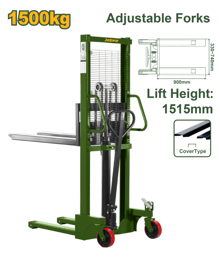 JADEVER Manual Stacker – 1500kg Capacity, 85–1600mm Fork Height, Adjustable Fork Width, PU Wheels (JDNK1R15)