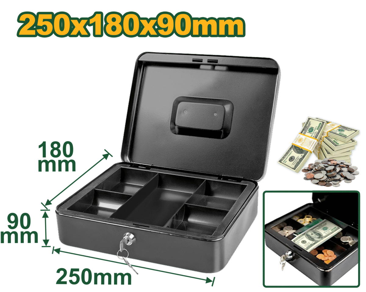 JADEVER Cash Box – 5-Compartment Tray, 25×18×9cm, 0.7mm Steel, 4.1L Capacity, Includes Keys (JDQQX2H04)