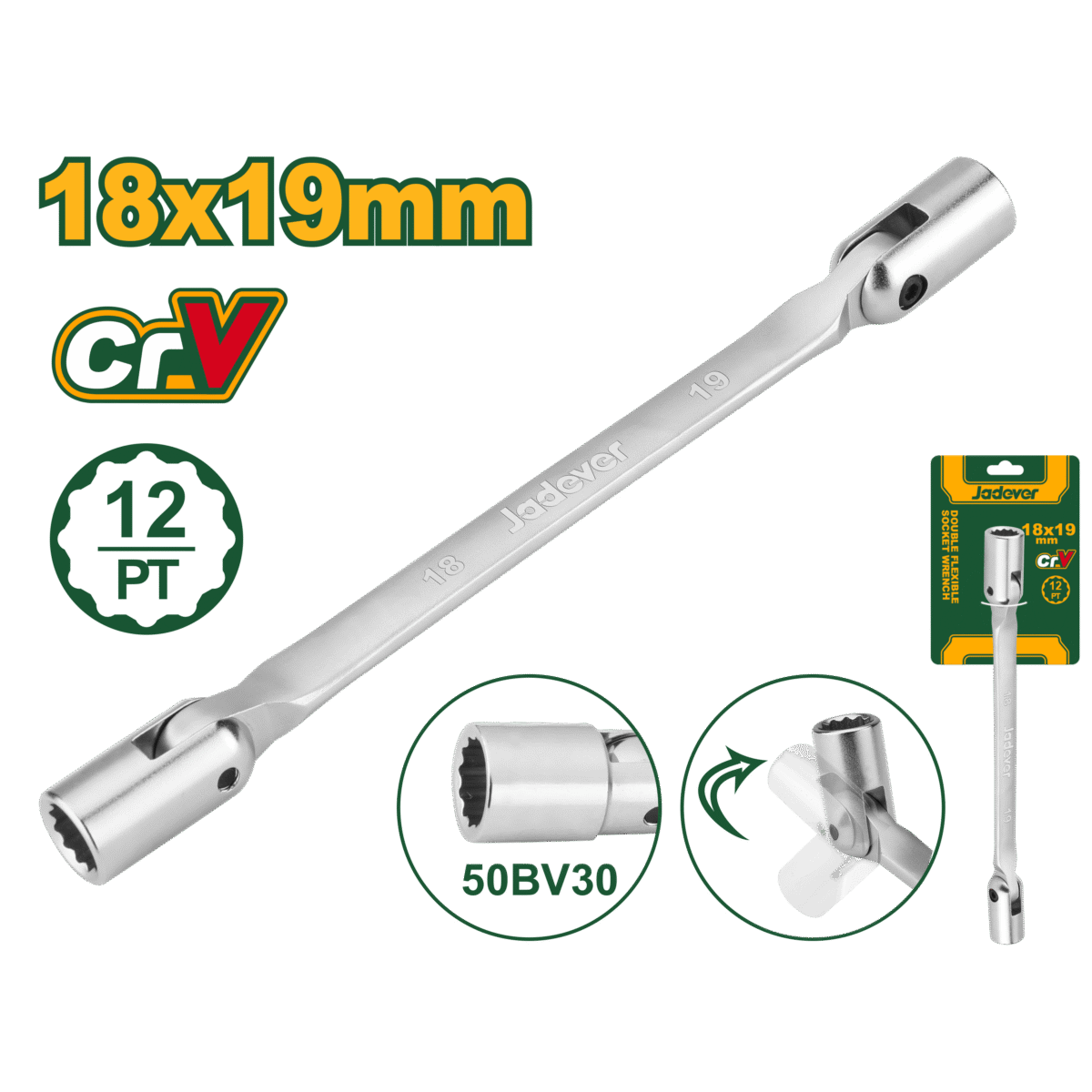 JADEVER Double Flexible Socket Wrench – 18mm & 19mm, 255mm Length, 12-Point Heads (JDTH2E06)