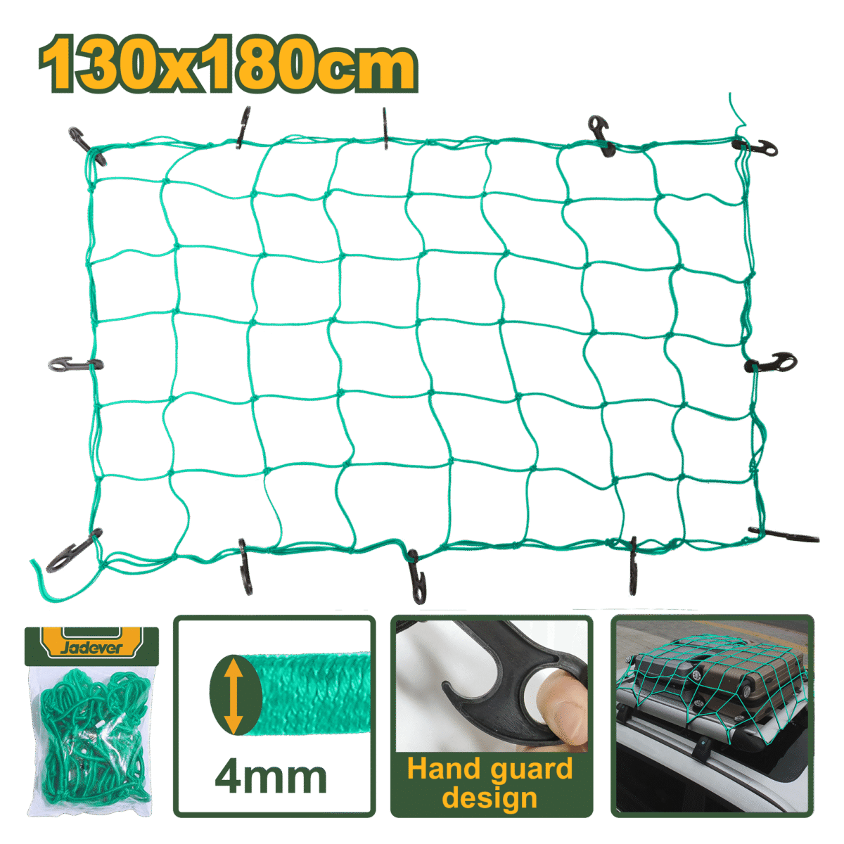 JADEVER Cargo Net – 130×180cm, 4mm Rope, PP & Rubber, Includes 12 Hooks (JDXLW1E13)