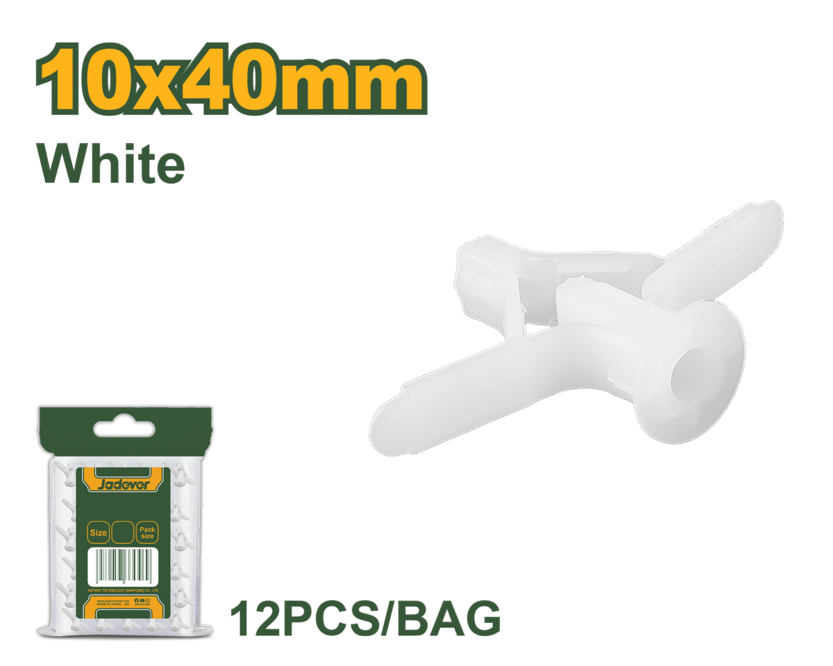 JADEVER Plastic Toggle Anchor – 10×40mm, PE Material, White, Pack of 12 (JDXTH912)