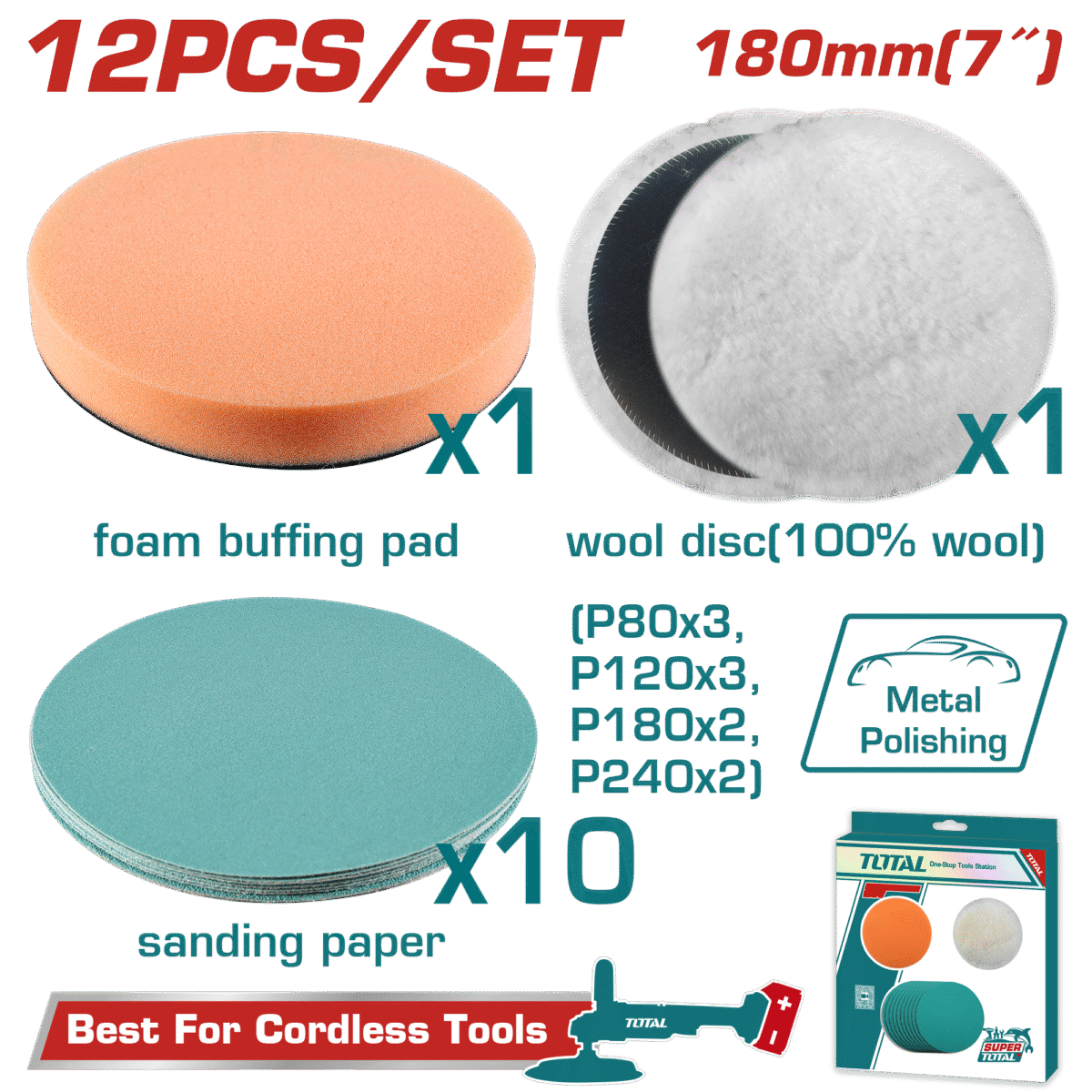 TOTAL Polishing & Grinding Set – 12 Pcs, 180mm | 7″, Wool Disc, Foam Pad, Sanding Papers (TAC18012)