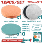 TOTAL Polishing & Grinding Set – 12 Pcs, 180mm | 7", Wool Disc, Foam Pad, Sanding Papers (TAC18012)