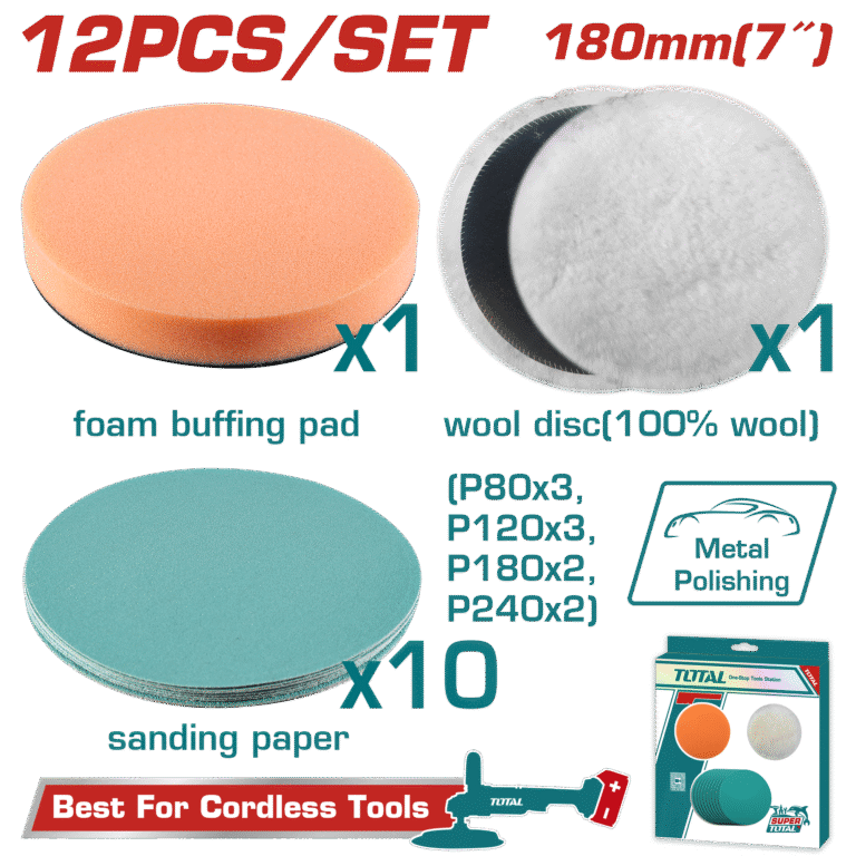 TOTAL Polishing & Grinding Set – 12 Pcs, 180mm | 7", Wool Disc, Foam Pad, Sanding Papers (TAC18012)