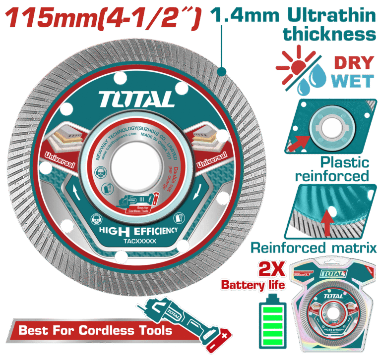TOTAL Ultrathin Diamond Cutting Disc 115mm (4-1/2") × 22.2mm – 10mm Width, 1.4mm Thickness, High Efficiency (TAC2151151)
