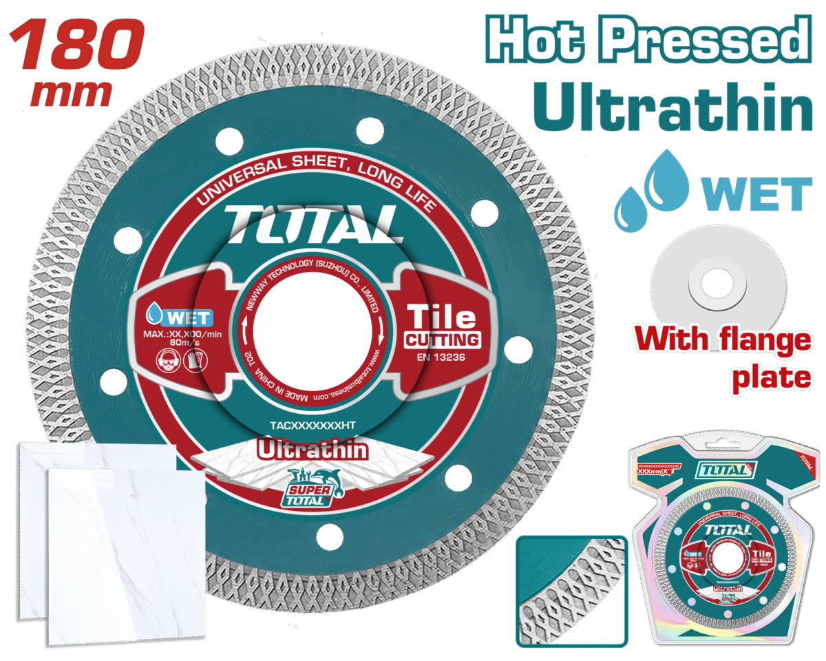 TOTAL Ultrathin Diamond Cutting Disc – Mesh Rim 180mm | 7″ × 22.2mm – 10mm Height, 1.8mm Thickness (TAC2181801HT)