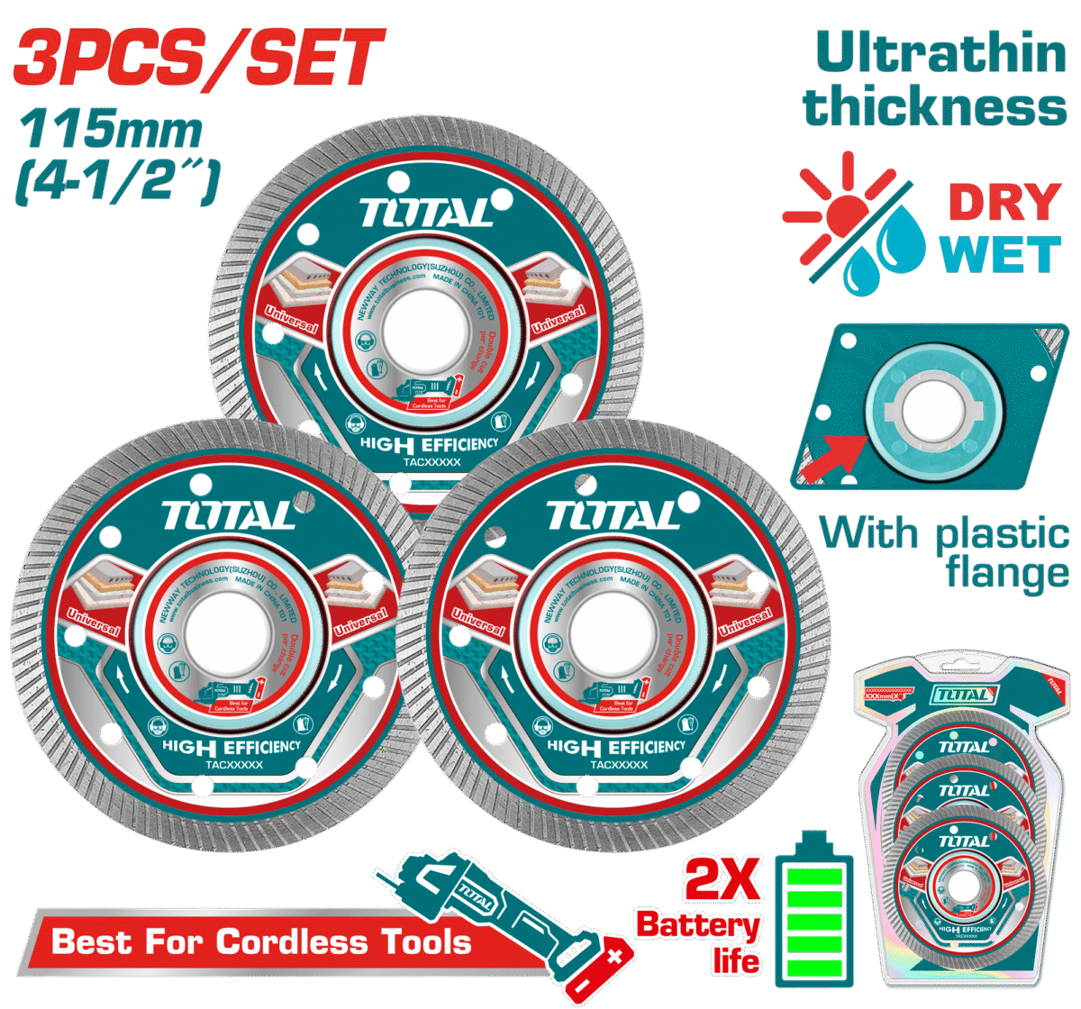 TOTAL Diamond Disc Set for Cordless Angle Grinder – 3 Pcs 115mm / 4.5″ (TAC511153)