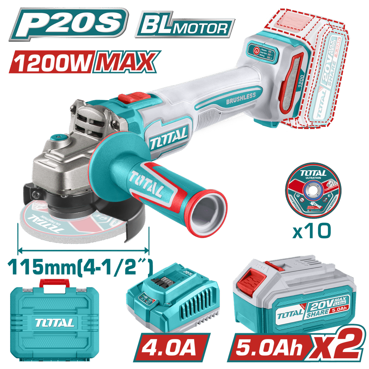 صاروخ شحن بدون فحمات 20فولت – قدرة 1200واط، سرعات 3000–9000rpm، دسك 115مم مع بطاريتين 5.0أمبير وشاحن من توتال (TAGLI2211532)