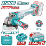 صاروخ شحن بدون فحمات 20فولت – قدرة 1200واط، سرعات 3000–9000rpm، دسك 115مم مع بطاريتين 5.0أمبير وشاحن من توتال (TAGLI2211532)