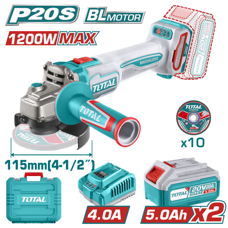 TOTAL Cordless Angle Grinder – Brushless Motor, 20V, 1200W, 115mm Disc, 3000–9000rpm, with 5.0Ah Batteries & Charger (TAGLI2211532)