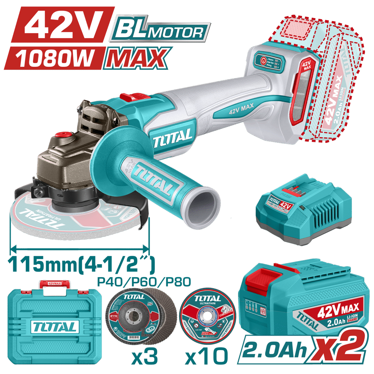 صاروخ شحن بدون فحمات 42 فولت – قدرة 1080 واط، سرعات 3000–9000rpm، دسك 115مم من توتال (TAGLI4108112)