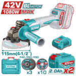 TOTAL 42V Cordless Angle Grinder – Brushless Motor, 1080W, 115mm Disc (TAGLI4108112)