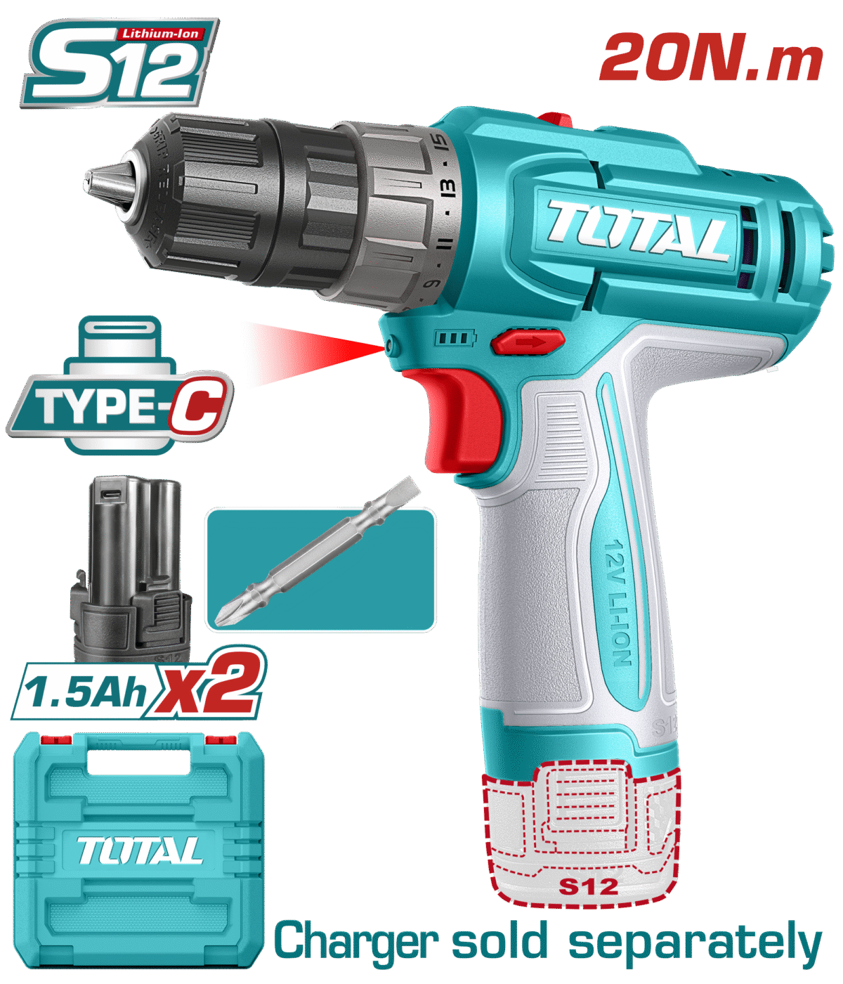TOTAL 12V Cordless Drill – 20Nm Torque, 2-Speed Gear, USB-C Charging, 2×1.5Ah (TDLI12206)