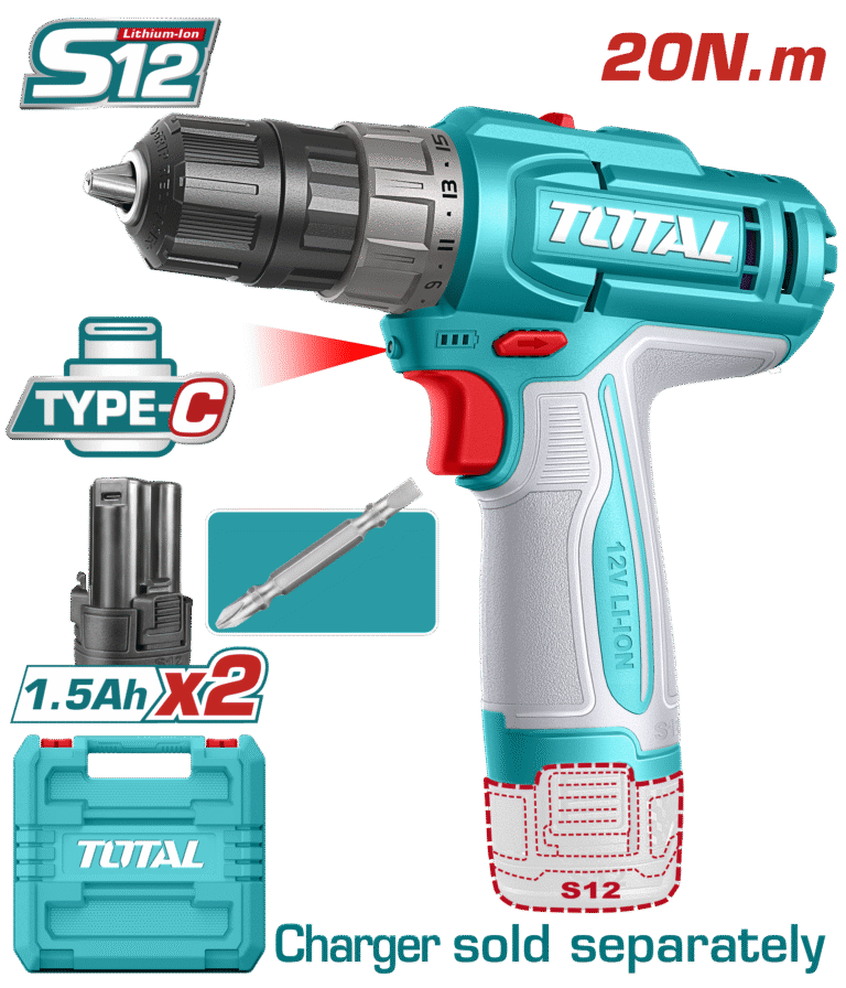 TOTAL 12V Cordless Drill – 20Nm Torque, 2-Speed Gear, USB-C Charging, 2×1.5Ah (TDLI12206)