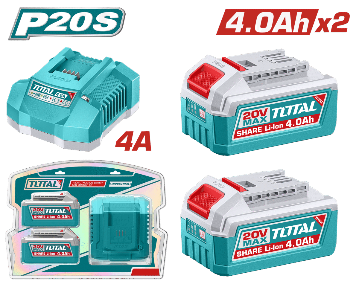 TOTAL 20V Lithium-Ion Battery & Charger Kit – Includes 2×4.0Ah Batteries and Fast Charger (TFBCPK2013)