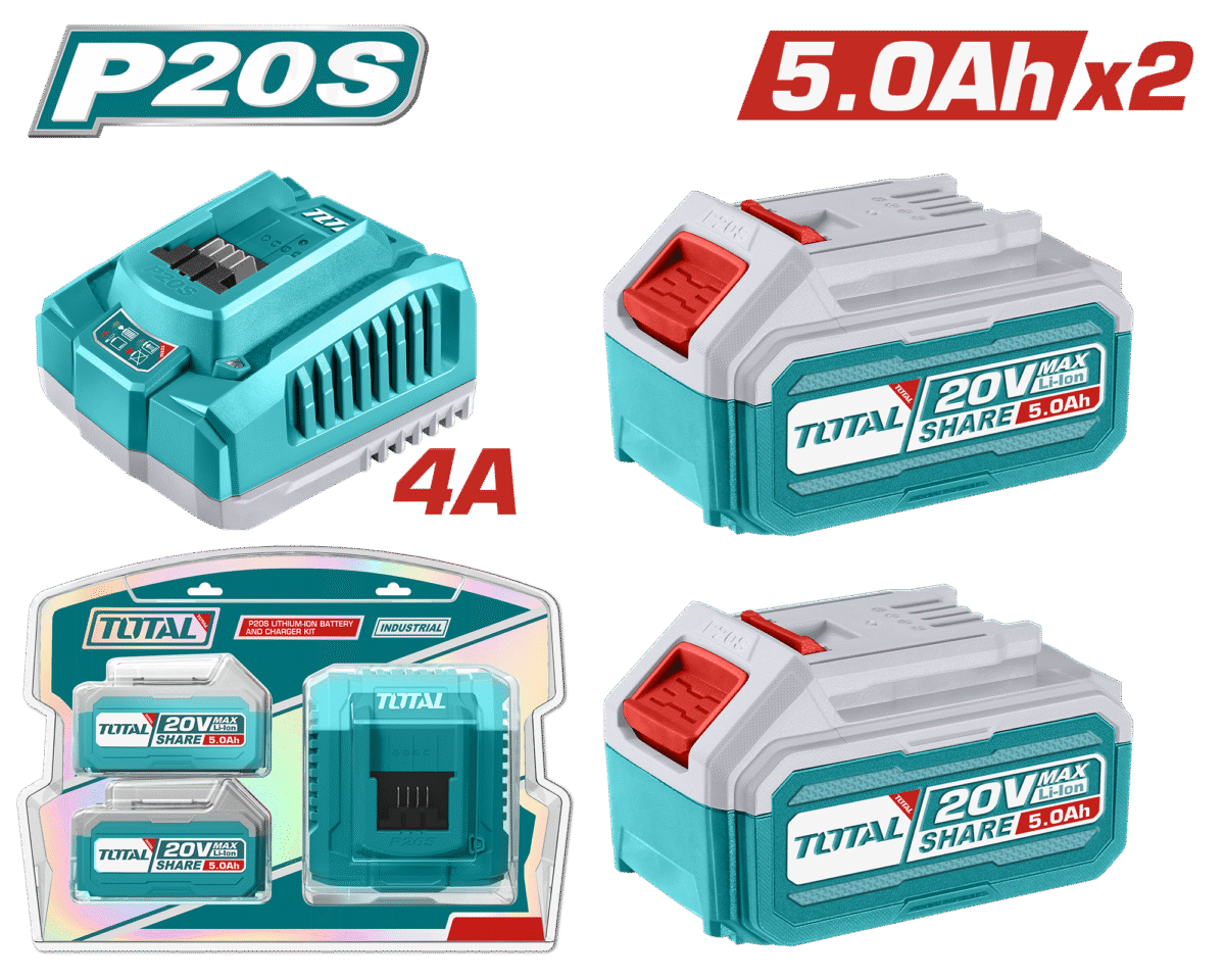 TOTAL P20S 20V Lithium-Ion Battery & Fast Charger Kit – Includes 2×5.0Ah Batteries and Fast Charger (TFBCPK2513)