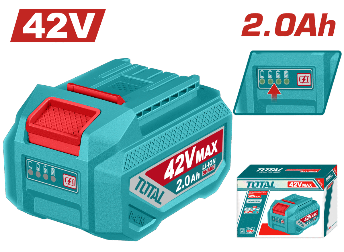 TOTAL 42V Lithium-Ion Battery Pack – 2.0Ah Capacity with LED Power Indicator, Compatible with P42M Tools (TFBLI42201)