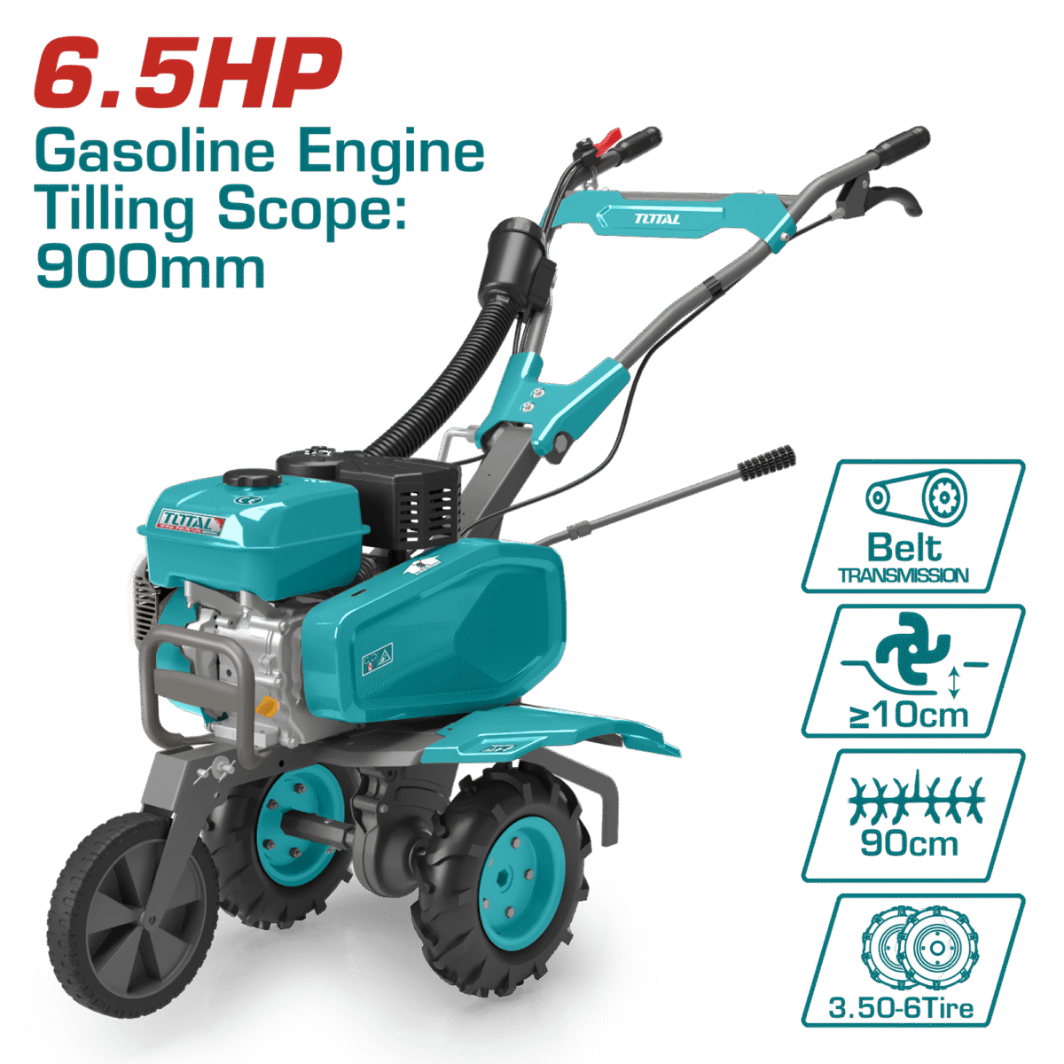 TOTAL Gasoline Tiller – 6.5HP Petrol Engine, 900mm Tilling Scope, 150–300mm Depth, Belt Drive (TGC5002)