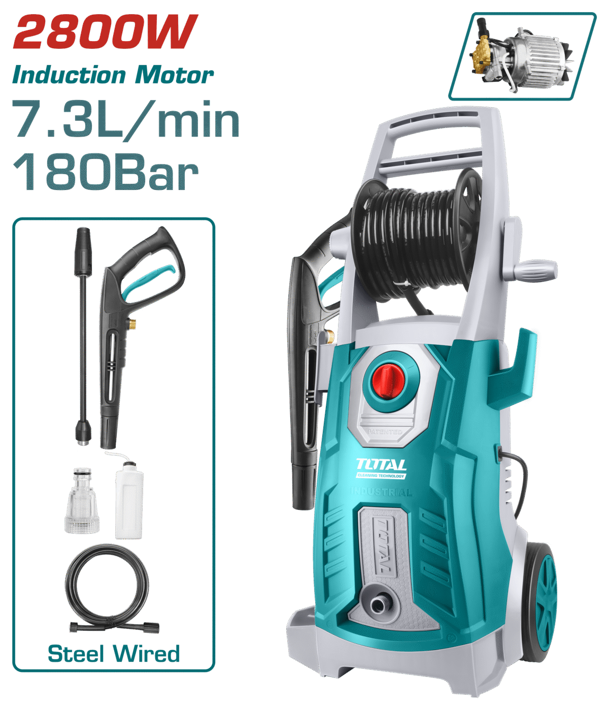 TOTAL High Pressure Washer 2800W – 180Bar with Copper Pump & Auto Stop System (TGT11266)