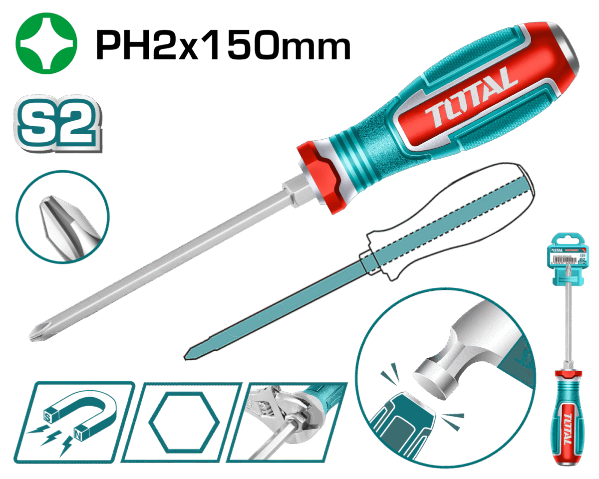 TOTAL Phillips Go-Through Screwdriver PH2 – 150mm S2 Steel Blade, Hex Shank, Magnetic Tip (TGTPH2150)