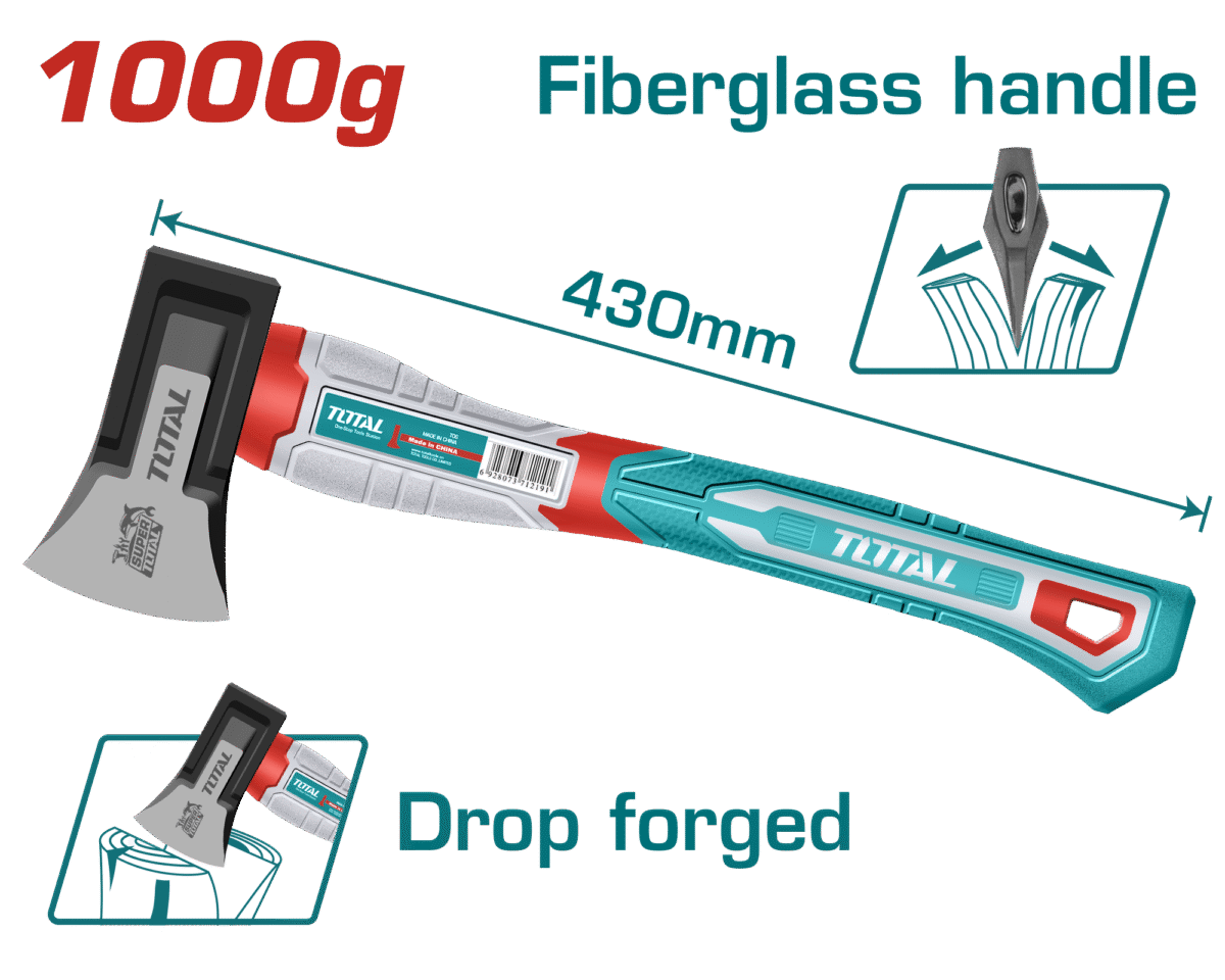 TOTAL Aircraft Axe – 1000g, Drop-Forged Head, Heat-Treated Carbon Steel, Fiberglass Handle (THAX0611000F)