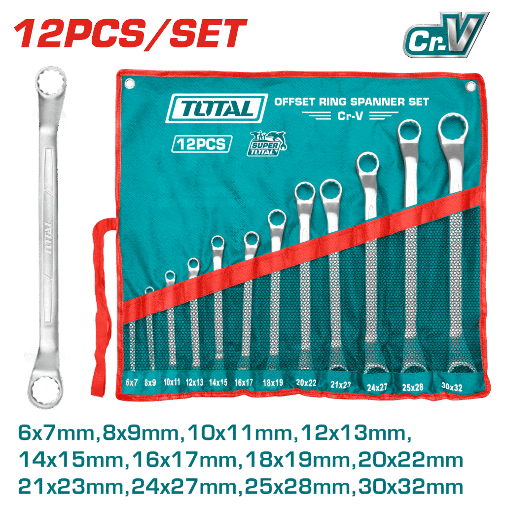 TOTAL 12 Pcs Offset Ring Spanner Set – 6–32mm, Fine Polished, Packed in Canvas Bag (THT1024121)