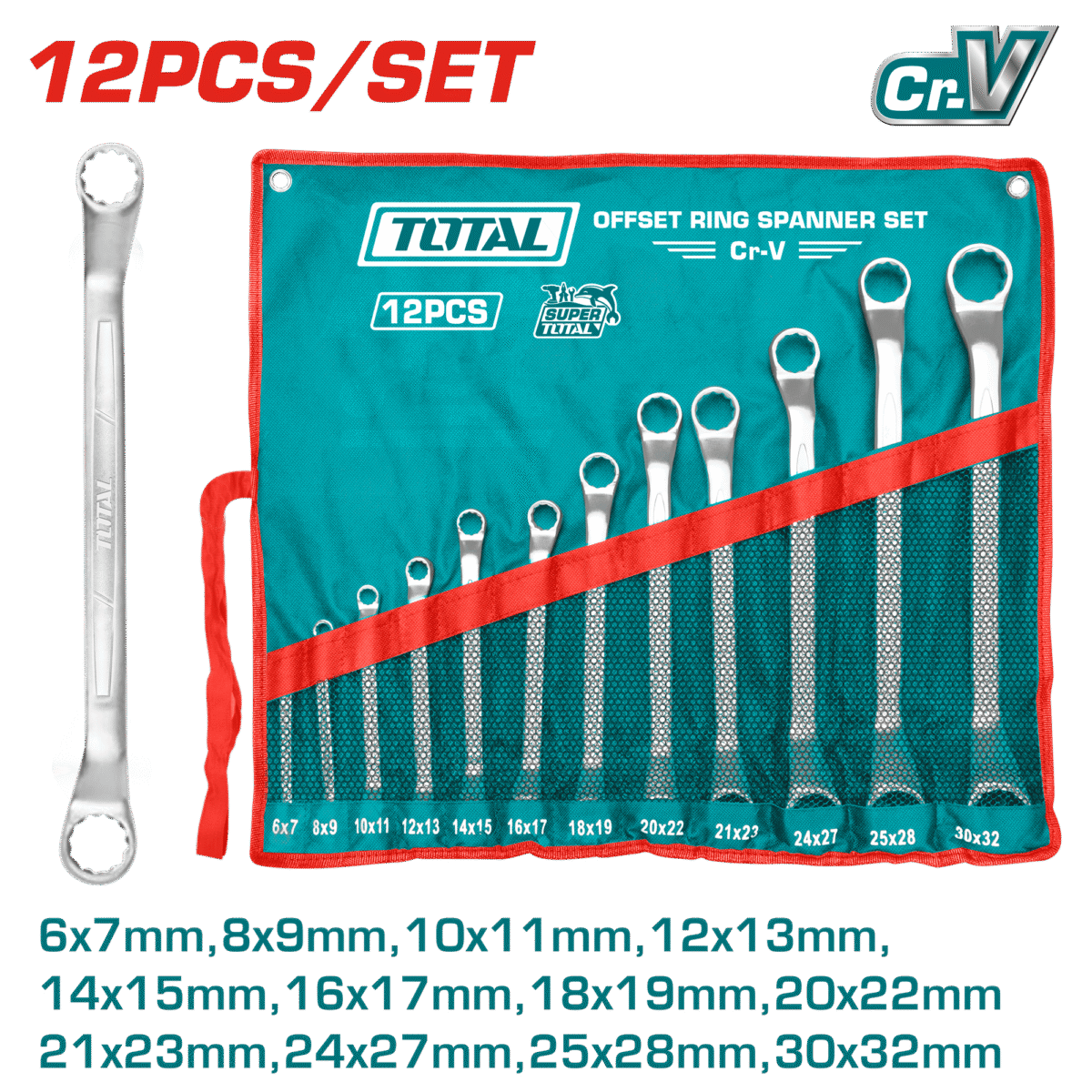TOTAL 12 Pcs Offset Ring Spanner Set – 6–32mm, Fine Polished, Packed in Canvas Bag (THT1024121)