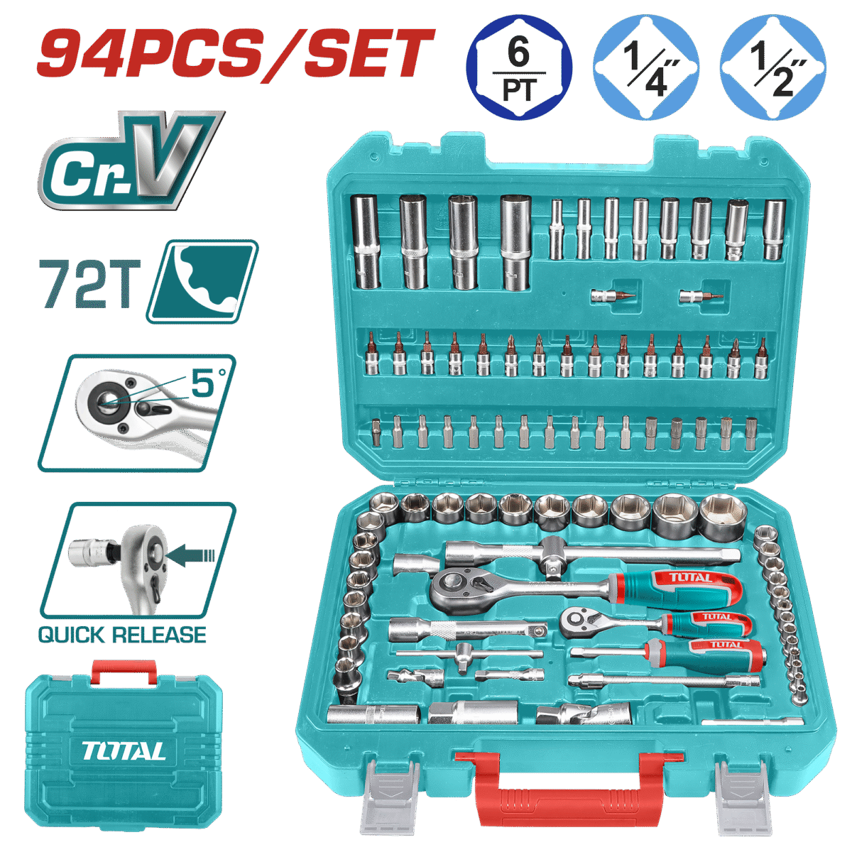 TOTAL 94 Pcs 1/4″ & 1/2″ Socket Set – Cr-V Steel, 72T Ratchets, Deep Sockets, Extensions & Full Accessory Kit (THT421942)