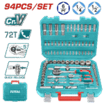 TOTAL 94 Pcs 1/4" & 1/2" Socket Set – Cr-V Steel, 72T Ratchets, Deep Sockets, Extensions & Full Accessory Kit (THT421942)