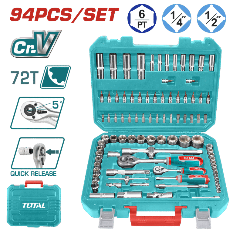 TOTAL 94 Pcs 1/4" & 1/2" Socket Set – Cr-V Steel, 72T Ratchets, Deep Sockets, Extensions & Full Accessory Kit (THT421942)