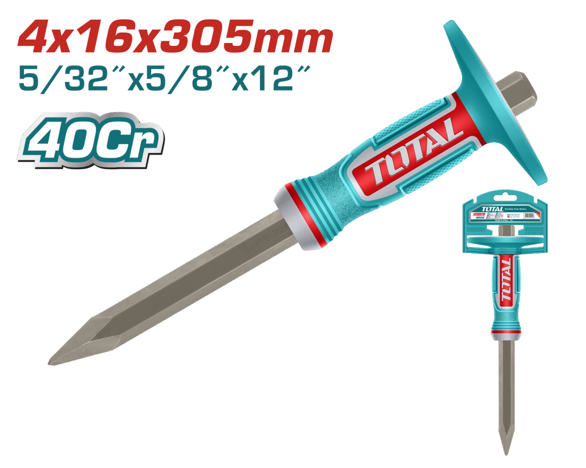 TOTAL Concrete Chisel 4mm × 16mm × 305mm – 40Cr Steel, Heat Treated, Powder Coated, Ergonomic Handle (THT4530416)