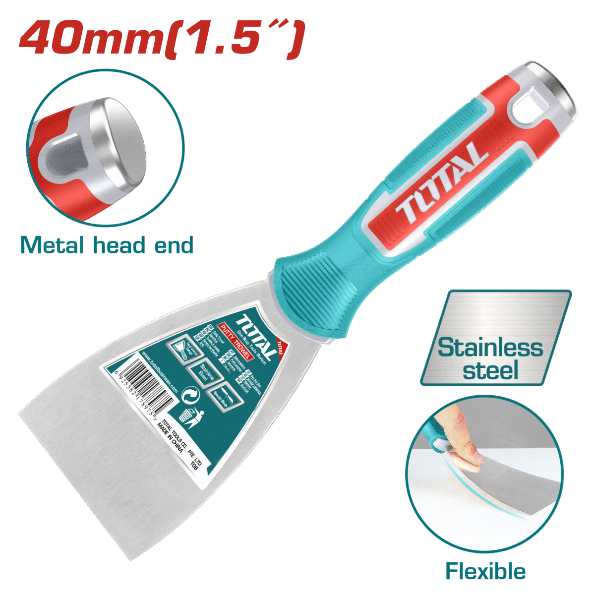 TOTAL Putty Trowel 40mm | 1.5″ – Stainless Steel, Heat Treated, Fine Polished Finish (THT83406)