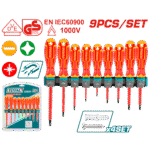 طقم مفكات معزولة 9 قطع – معتمد VDE+GS بقدرة 1000 فولت من توتال (THTIS596)