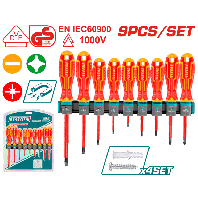 TOTAL 9 Pcs Insulated Screwdriver Set – 1000V VDE+GS Certified (THTIS596)