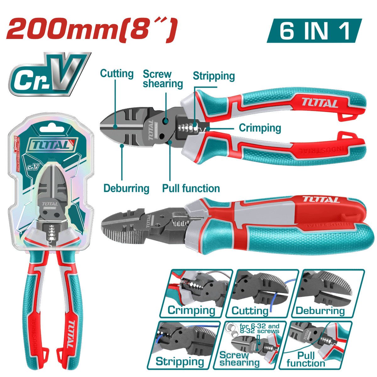 TOTAL 6-in-1 Multi-Function Diagonal Cutting Pliers – 8″ | 200mm, Cr-V, Teflon Coated, Multi-Purpose Design (THTMF386)