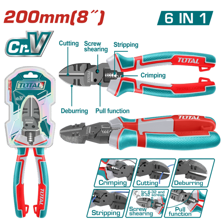 TOTAL 6-in-1 Multi-Function Diagonal Cutting Pliers – 8" | 200mm, Cr-V, Teflon Coated, Multi-Purpose Design (THTMF386)