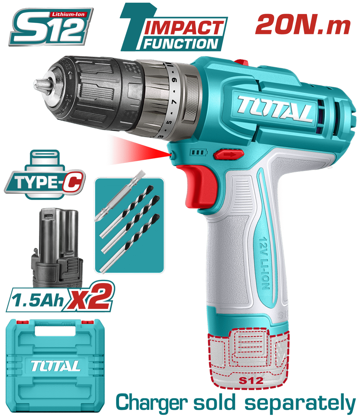 TOTAL 12V Cordless Impact Drill – 20Nm Torque, 22500bpm, LED Light, USB-C Charging, 2×1.5Ah Batteries (TIDLI12206)