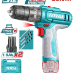 TOTAL 12V Cordless Impact Drill – 20Nm Torque, 22500bpm, LED Light, USB-C Charging, 2×1.5Ah Batteries (TIDLI12206)
