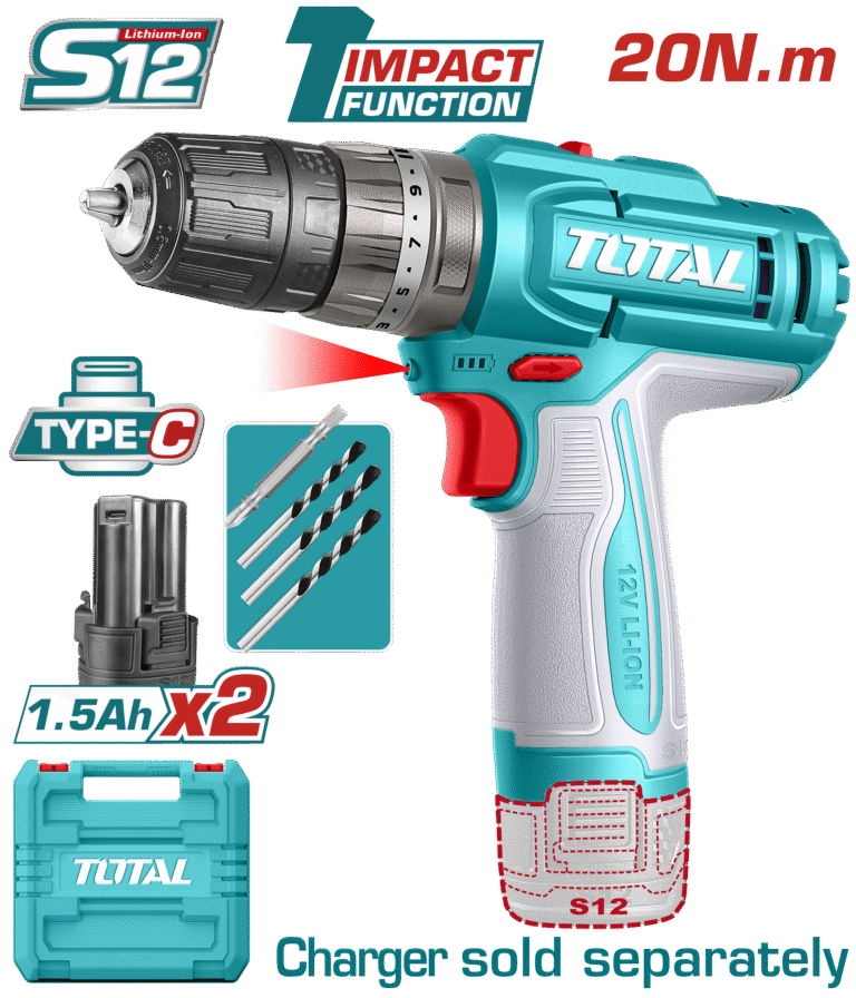 TOTAL 12V Cordless Impact Drill – 20Nm Torque, 22500bpm, LED Light, USB-C Charging, 2×1.5Ah Batteries (TIDLI12206)