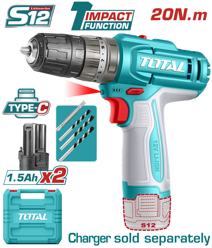 TOTAL 12V Cordless Impact Drill – 20Nm Torque, 22500bpm, LED Light, USB-C Charging, 2×1.5Ah Batteries (TIDLI12206)