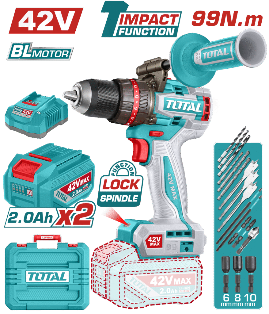 TOTAL 42V Brushless Cordless Impact Drill – 99Nm Torque, 2-Speed Gear (TIDLI429982)