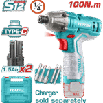 درل براغي شحن 12 فولت – عزم 100 نيوتن.متر، 2800 نبضة/دقيقة، بطاريتان 1.5Ah من توتال (TIRLI12015)