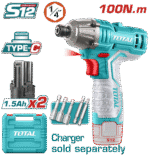 درل براغي شحن 12 فولت – عزم 100 نيوتن.متر، 2800 نبضة/دقيقة، بطاريتان 1.5Ah من توتال (TIRLI12015)