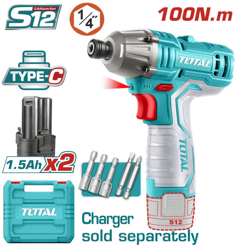 TOTAL 12V Cordless Impact Driver – 100Nm Torque, 2800bpm, 2×1.5Ah Batteries (TIRLI12015)