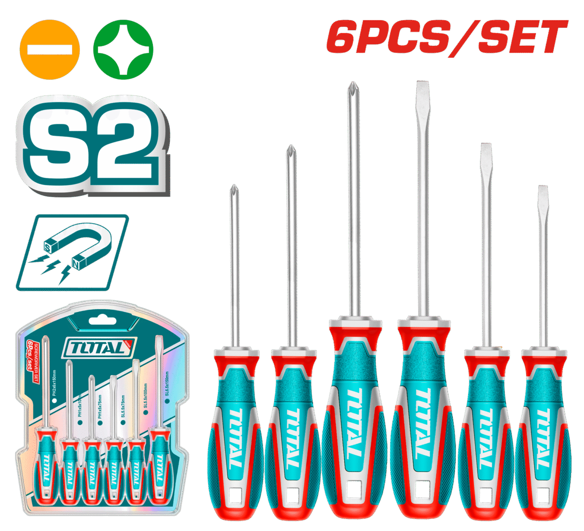 طقم مفكات 6 قطع – ستيل S2، رؤوس مغناطيسية، مقبض مريح، SL و PH من توتال (TKSDS0626)
