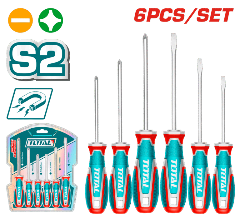 TOTAL 6 Pcs Screwdriver Set – S2 Steel, Magnetic Tips, Ergonomic Handle, SL & PH Types (TKSDS0626)