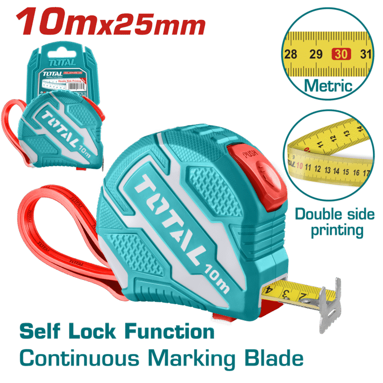 TOTAL Steel Measuring Tape 10m × 25mm – Self-Lock, Metric Scale, Double Button (TMT1262101M)