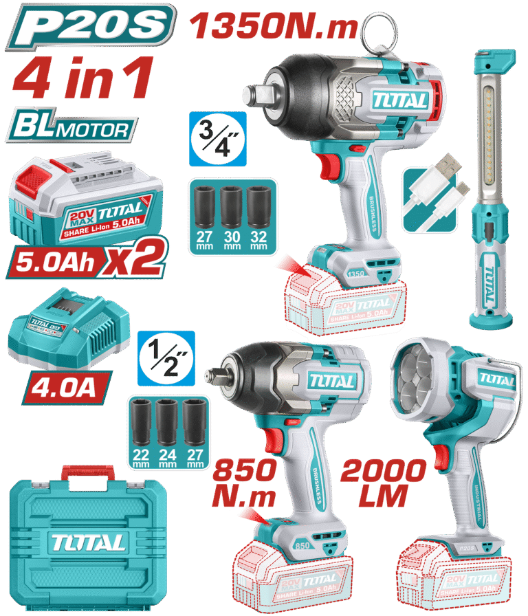 TOTAL Cordless 4 pcs Combo Kit – 20V (TOSLI250782)