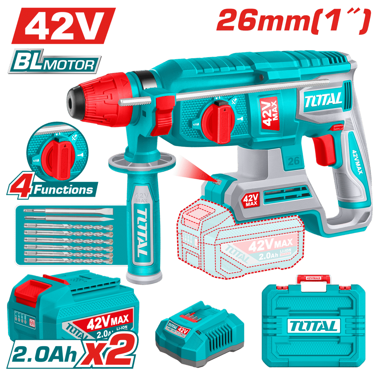 TOTAL Cordless Rotary Hammer 2.5J – 42V Brushless with SDS Plus System & Accessories (TRHLI422682)